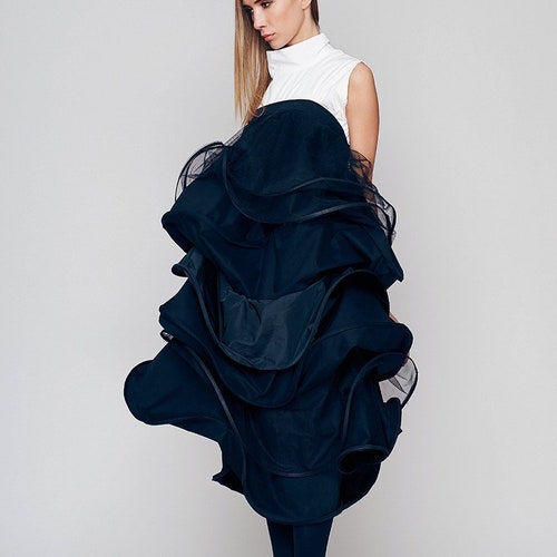 Navy Midi Dress, Elegant Layered Dress, Wedding Guest Dress, Cocktail Dress, Bridesmaid Dress, Avant Garde Dress, Special Events Dress