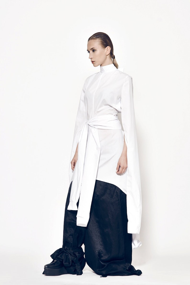 Long White Kimono Shirt, Futuristic Clothing, Kimono Top, Asymmetrical Tunic, Japanese Clothing, Oversized Blouse, Belt Top