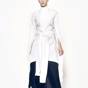 Long White Kimono Shirt, Futuristic Clothing, Kimono Top, Asymmetrical Tunic, Japanese Clothing, Oversized Blouse, Belt Top
