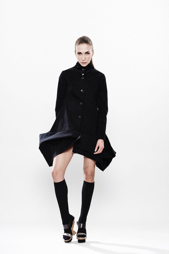 Black Avant Garde Coat, Japanese Fashion, Women's Black Coat With Turtleneck, Jacket Overcoat, Futuristic Clothing, Avant Garde Jacket