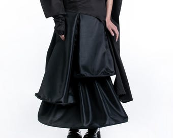 Black Asymmetrical Taffeta Skirt with Deconstructed Layers, Avant Garde Maxi Skirt, Gothic Women's Clothing, Long Black Skirt