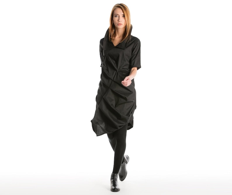 Cocktail Extravagant Shirt Dark Fashion Avant Garde Dress Steampunk Dress Deconstructed Dress Futuristic Clothing Black Midi Dress