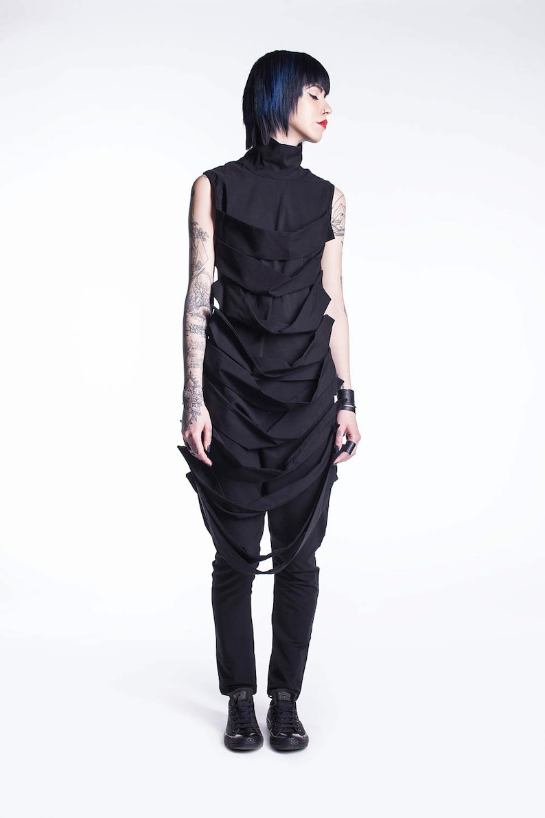 Sleeveless Black Top, Steampunk Top, Gothic Tunic Top with Turtleneck, Avant Garde Clothing, Futuristic Top, Halloween Clothing