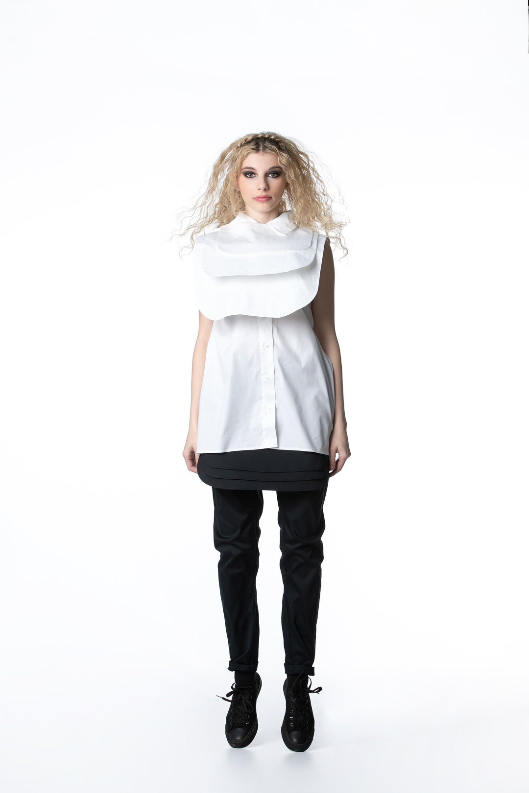 White Asymmetrical Jabot Shirt in White, Sleeveless Women's Top, Black