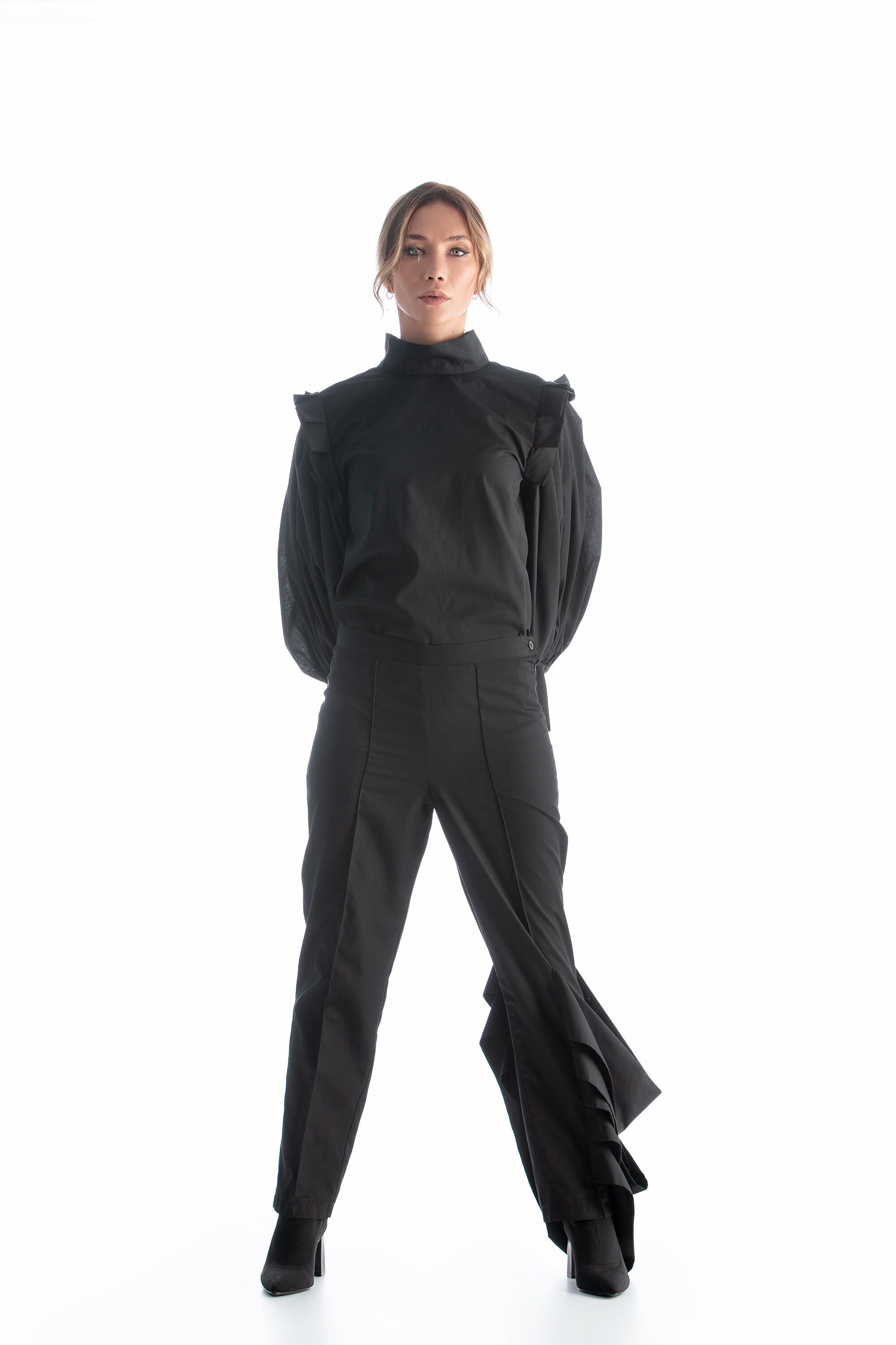 Formal Women's Set in Black, Cotton Set of Shirt and Pants, Asymmetric Black  Pants and Puff Sleeve Shirt, Avant Garde Clothing for Women -  Canada