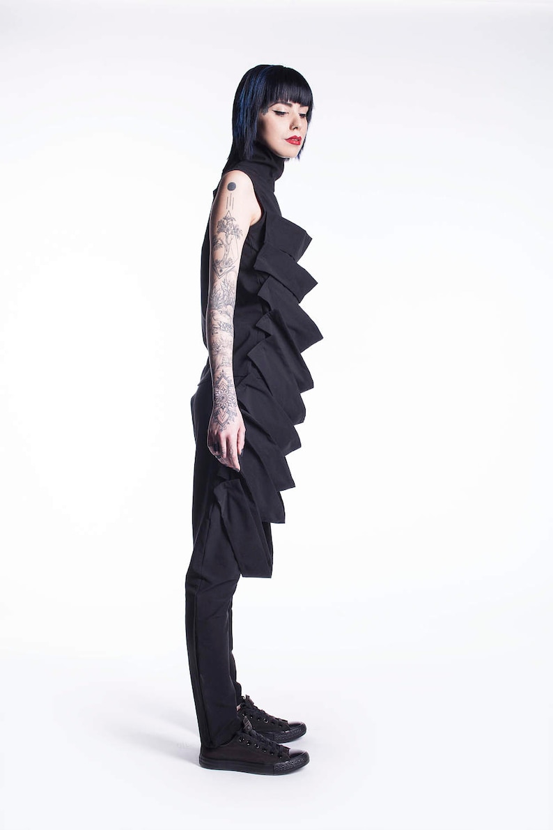 Sleeveless Black Top, Steampunk Top, Gothic Tunic Top with Turtleneck, Avant Garde Clothing, Futuristic Top, Halloween Clothing