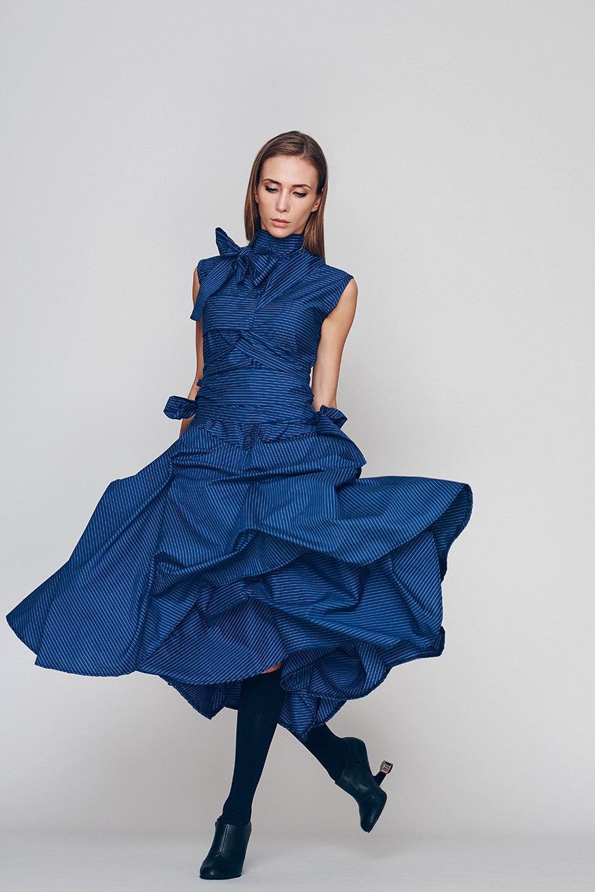 Blue Cocktail Dress, Wedding Guest Dress, Avant Garde Clothing, Extravagant Evening Dress, Women's Party Dress, Navy Blue Prom Dress