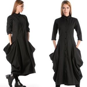 Black Gothic Dress, Victorian Dress, Long Dress with Pockets, Steampunk Dress with Mockneck, Mid Sleeve Cotton Dress