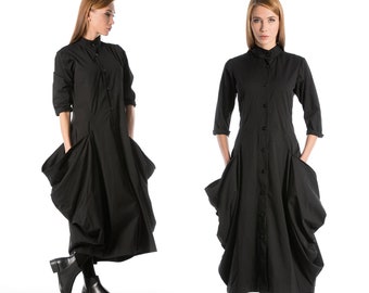 Black Gothic Dress, Victorian Dress, Long Dress with Pockets, Steampunk Dress with Mockneck, Mid Sleeve Cotton Dress