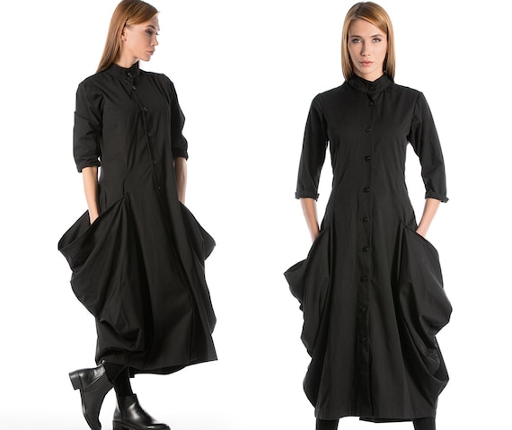 Black Gothic Dress, Victorian Dress, Long Dress with Pockets, Steampunk Dress with Mockneck, Mid Sleeve Cotton Dress