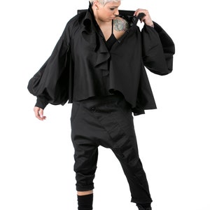 Cotton Capri Pants In Black, Women Drop Crotch Pants With Ruffle Elements, Casual Pants Capri, Comfy Pants Women, Extravagant Pants image 6