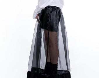 Shorts with Organza Overskirt, Sheer Black Skirt Over Cotton Shorts, Women's Skirt Pants, Sheer Organza Skirt with Shorts