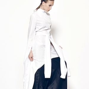 Long White Kimono Shirt, Futuristic Clothing, Kimono Top, Asymmetrical Tunic, Japanese Clothing, Oversized Blouse, Belt Top