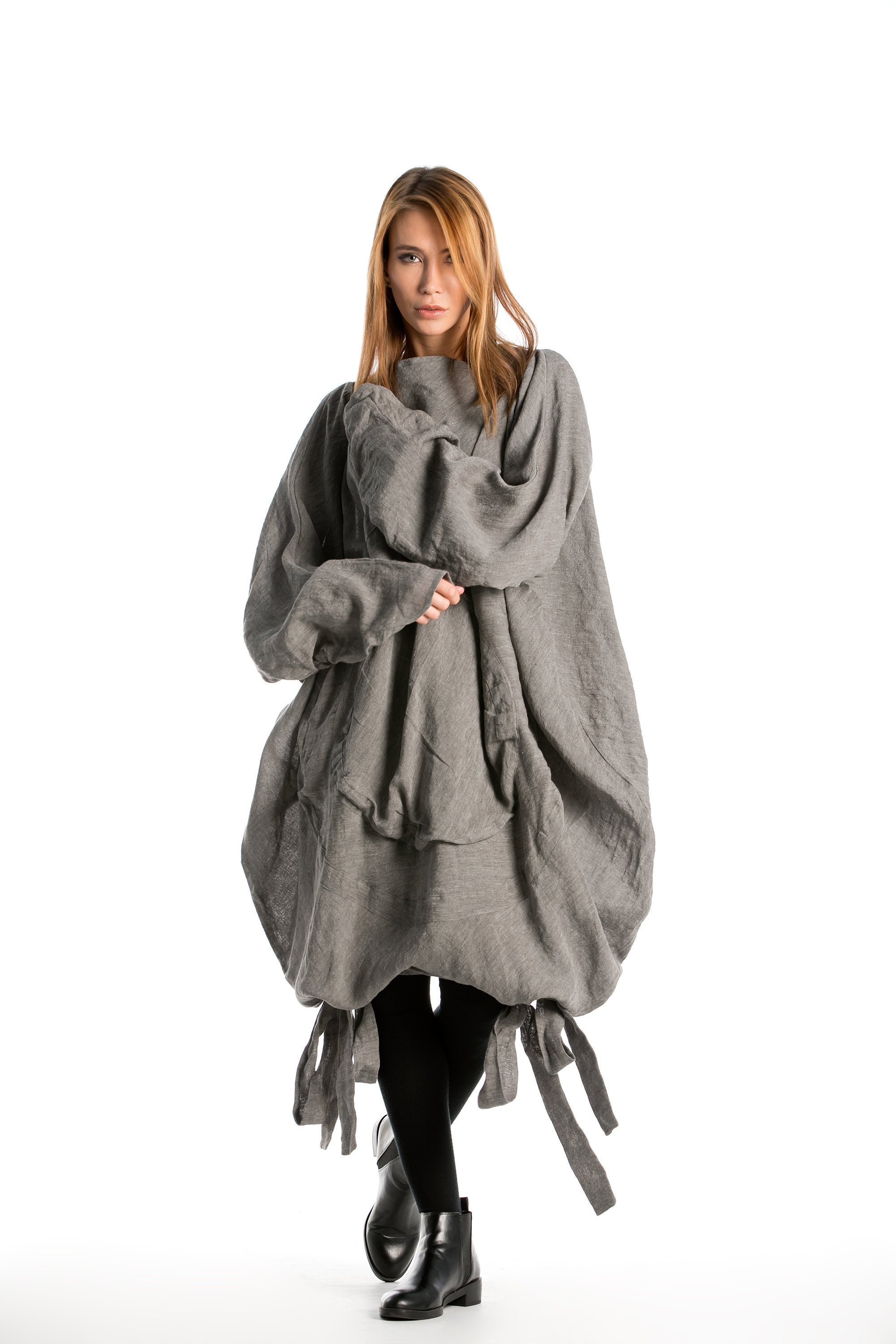 Gray Linen Dress, Oversize Tunic Avant Garde Clothing, Loose Fit Grey Midi Bubble Casual Dress