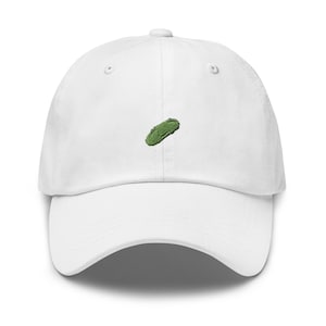 May include: White baseball cap with a green embroidered pickle on the front.