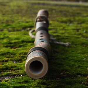 May include: A bamboo flute, resting on green moss. The instrument is brown with black bands and finger holes. A rope is attached. The end of the flute is light beige. The flute is a traditional wind instrument.