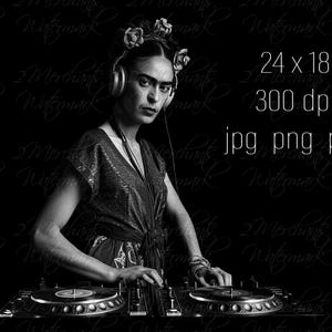 May include: A black and white photograph of a woman with a flower crown and headphones, wearing a sequined dress, standing behind a DJ mixer. The text "24 x 18 300 dpi jpg png psd" is visible in the top right corner of the image.