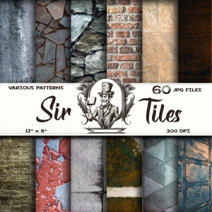 May include: A collection of 60 digital tile patterns, featuring various textures like brick, stone, and wood. The tiles are 12 inches by 8 inches and 300 DPI. The image includes the text "Sir Tiles" and "Various Patterns".