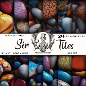 May include: 24 seamless digital paper tiles featuring colourful, cracked, and textured stones. Each tile is 12 inches by 12 inches and 3600 pixels by 3600 pixels. The tiles are 300 DPI.