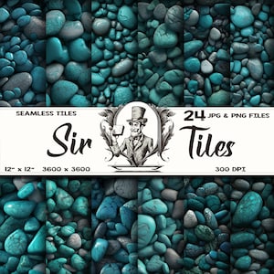 Puede incluir: Un conjunto de 24 baldosas de papel digital sin costuras con una textura de piedra turquesa y gris. Las baldosas miden 30,48 cm por 30,48 cm y 3600 píxeles por 3600 píxeles. La imagen incluye el texto "Sir" y "24 Tiles".