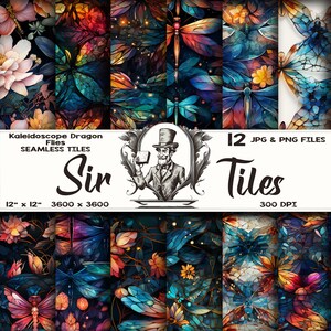 May include: Twelve digital paper tiles featuring a kaleidoscope pattern of dragonflies with blue, green, red, orange, and yellow colors. The tiles are 12 inches by 12 inches and 3600 pixels by 3600 pixels. The text "Kaleidoscope Dragon Flies Seamless Tiles" and "Sir" are included in the image.