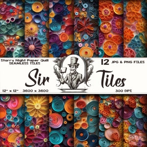 Puede incluir: Doce diseños de papel digital con un patrón colorido e intrincado de círculos y flores superpuestos. Los papeles son sin costuras y se pueden usar para scrapbooking, manualidades digitales y otros proyectos creativos. El texto "Starry Night Paper Quill Seamless Tiles" y "Sir" está incluido en la imagen.