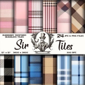 Könnte beinhalten: Eine Sammlung von 24 nahtlosen Kacheln mit Burberry-inspirierten Mustern. Die Designs umfassen verschiedene Karomuster und Streifenmuster in Rosa, Beige, Blau und Schwarz. Das Bild enthält auch Text mit der Aufschrift "Burberry Inspired Seamless Tiles", "Sir Tiles" und die Maße 30.48 cm x 30.48 cm.