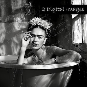 May include: Black and white photograph of a woman in a bathtub with flowers in her hair, smoking a cigarette. The woman is looking at the camera with a serious expression. The image is a recreation of Frida Kahlo's famous self-portrait.