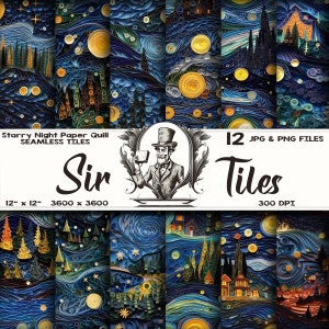 Torção de pena de papel de Van Gogh: imagens perfeitas inspiradas na noite estrelada para Photoshop/Illustrator | Imagens Digitais | 12 x 12 de alta resolução | Senhor Azulejos