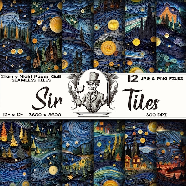 Van Gogh's Paper Quill Twist: Nahtlose Sternennacht-inspirierte Bilder für Photoshop/Illustrator | Digitale Bilder | 12 x 12 Hi Res | Sir Tiles