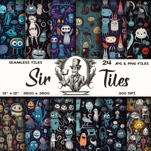 May include: A set of 24 digital seamless patterns featuring whimsical cartoon monsters in various colors and designs. The patterns are 12 inches by 12 inches and 3600 pixels by 3600 pixels, with a resolution of 300 DPI. The patterns are perfect for creating unique and fun projects.