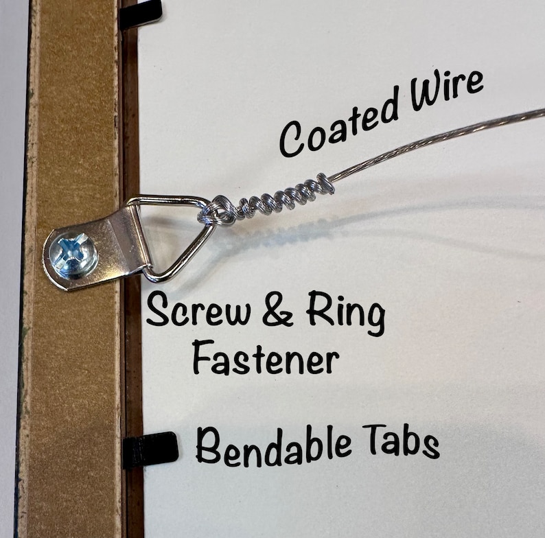 May include: Close-up of a picture frame's back with a screw and ring fastener, bendable tabs, and a coated wire attached to the ring. The text "Coated Wire", "Screw & Ring Fastener", and "Bendable Tabs" is visible.