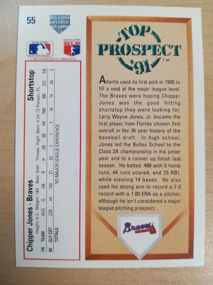 Chipper Jones Baseball Card | 1991 Upper Deck #55 Rookie Card | Near