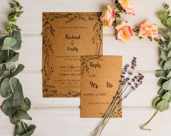 Sketched Floral Wedding Invitation Suite | Recycled Kraft Card Tied with Burlap Twine | Rustic Wedding | Outdoor Wedding | Boho Wedding