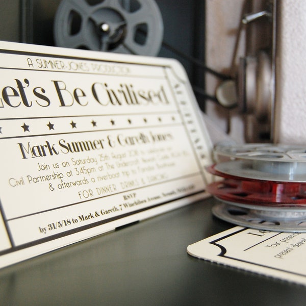 Kinokarte Hochzeitseinladung | Inklusive Quirky Retro Film Ticket Design | Stub abreißen