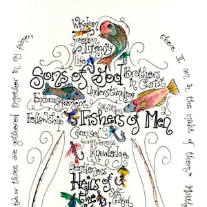May include: A watercolor illustration of a person with fishing rods and fish. The illustration is filled with words like "Sons of God", "Fishers of Men", "Heirs of the Kingdom", and "Bible Study". The text "For where two or three are gathered together in my name, there I am in the midst of them." Matthew 18:20 is also included.