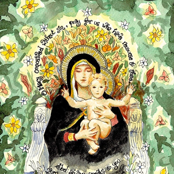 Our Lady of the Lilies Watercolor, Catholic Art Print with Miraculous Medal Prayer, St Catherine Laboure, Madonna and Child, Notecards