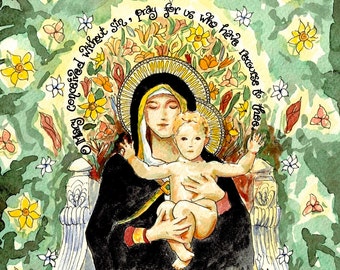 Our Lady of the Lilies Watercolor, Catholic Art Print with Miraculous Medal Prayer, St Catherine Laboure, Madonna and Child, Notecards