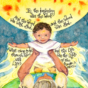 Tarjeta de Navidad e impresiones con Juan 1 Luz del mundo Arte de las Escrituras, Niño Jesús y José, Impresión de arte cristiano, Palabra hecha carne, Globo