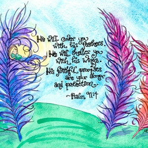 Salmo 91:4 Regalo de simpatía personalizado - Plumas, Acuarela, Cristiana, decoración adolescente; Impresiones de arte, tarjetas de notas, tarjetas de condolencia, tarjetas de oración