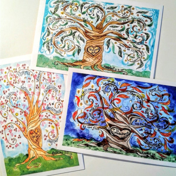 Four Seasons Tree Art with Beatitudes, Fruits/Gifts of the Spirit; Ten Commandments, Christian, Catholic; Art Prints, Notecards, Prayercards