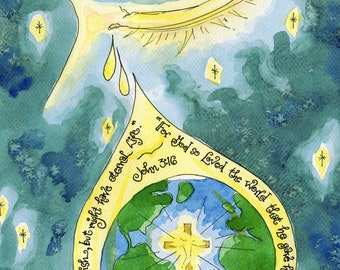May include: A watercolour painting of a teardrop with a cross inside. The teardrop is surrounded by a circle with the text "For God so loved the world that he gave his only son, so that everyone who believes in him might not perish, but might have eternal life. John 3:16".