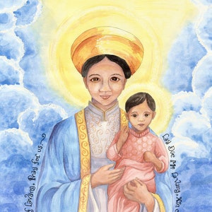 Notre-Dame de Lavang (vietnamienne : Đức Mẹ La Vang), Asie-Pacifique, cadeau personnalisé, aquarelle de la Vierge à l'enfant ; Cartes de correspondance, cartes de prière