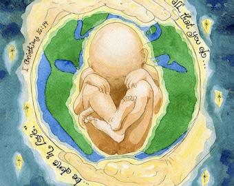 Mother Earth & Baby Personalized Gift; 1 Corinthians 16:14 Art Print, Hands of God; Adoption, Shower Favor; Notecards, Prayercards Holycards