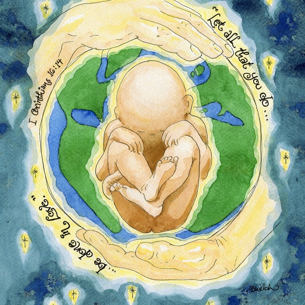 Mother Earth & Baby Personalized Gift; 1 Corinthians 16:14 Art Print, Hands of God; Adoption, Shower Favor; Notecards, Prayercards Holycards