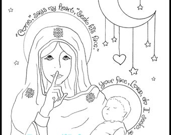 Printable Our Lady of Silence "Seek His Face" - Catholic Coloring Page for All Ages! Homeschool, RE, RCIA, ACTS or Women's Retreat Activity