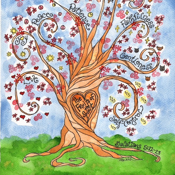 Fruit of the Spirit Tree Scripture Art based on Galatians 5; personalized Confirmation gift; Homeschool, RE, teacher; Notecards Prayercards