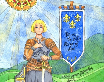 Jeanne d'Arc avec armure de Dieu, confirmation personnalisée ou cadeau de première communion, Éphésiens 6, art catholique, chrétien ; Carte de prière