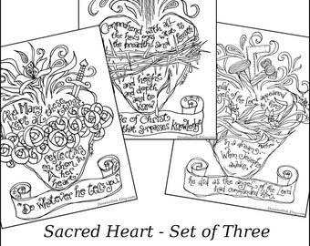 Sacred Heart, Immaculate Heart, and Chaste Heart - Set of 3 Printable Catholic Coloring Pages; Homeschool, RE, RCIA, Retreat Activity