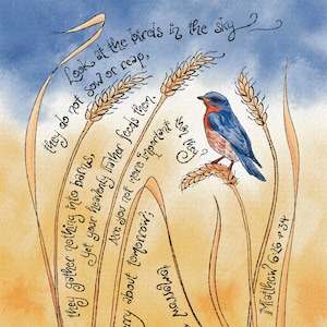 Merlebleu de l'Est et blé - cadeau de sympathie personnalisé ; béatitudes Matthieu 6, grain de blé ; impressions d'art, cartes de correspondance, cartes de prière, journal